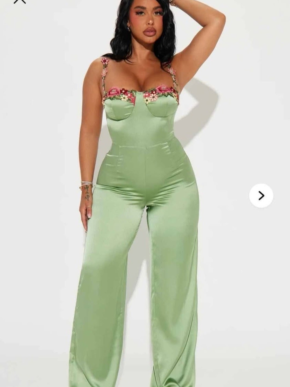 Floral Strap Satin Jumpsuit in Sage Green